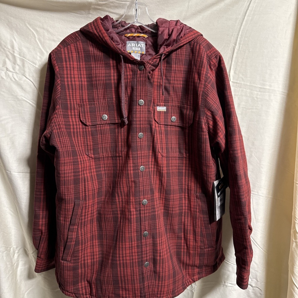 Ariat Rebar Flannel Shirt Jacket With Hood Womens Size XL Red Rosewood Snaps NWT